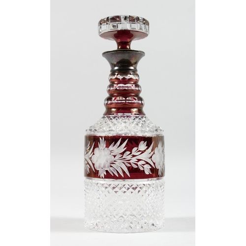 1062 - A VERY GOOD CUT GLASS PLAIN AND RUBY DECANTER AND STOPPER with silver band. 11ins high.