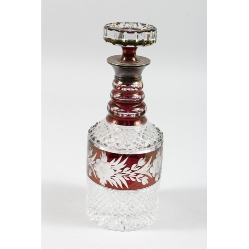 1062 - A VERY GOOD CUT GLASS PLAIN AND RUBY DECANTER AND STOPPER with silver band. 11ins high.