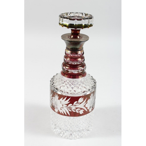 1062 - A VERY GOOD CUT GLASS PLAIN AND RUBY DECANTER AND STOPPER with silver band. 11ins high.