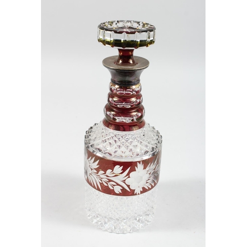 1062 - A VERY GOOD CUT GLASS PLAIN AND RUBY DECANTER AND STOPPER with silver band. 11ins high.