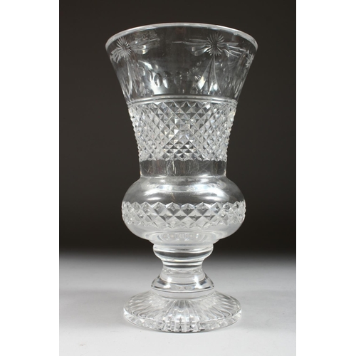 1065 - A GOOD THISTLE SHAPED VASE. hobnail cut with garlands, 12ins high.