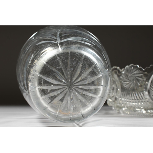 1066 - A LARGE CUT GLASS FLOWER VASE 10ins high and a CIRCULAR CUT GLASS BOWL, 8ins diameter (2).