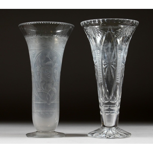 1067 - TWO CUT GLASS TAPERING FLOWER VASES. 12ins high.