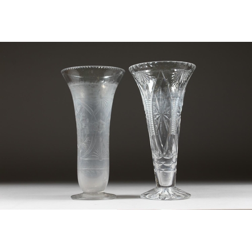 1067 - TWO CUT GLASS TAPERING FLOWER VASES. 12ins high.