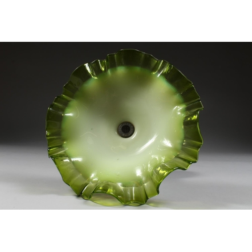 1069 - A ViCTORIAN OPAQUE AND TINTED GREEN GLASS FRILLY EDGE COMPORT, the central base stamped with initial... 