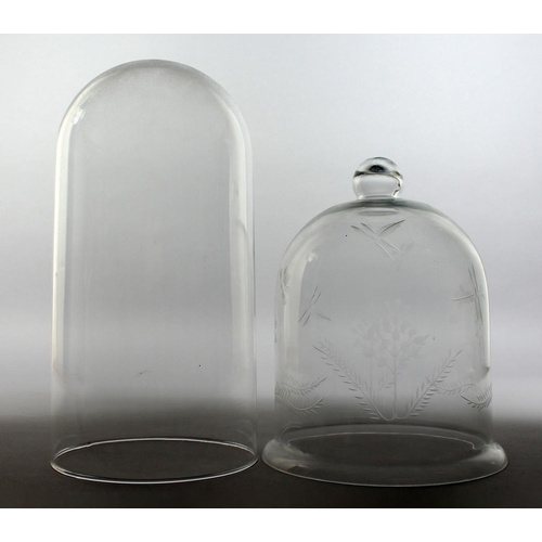 1071 - A BELL SHAPED GLASS DOME/COVER with engraved decoration, together with a plain glass dome. 8.5ins hi... 