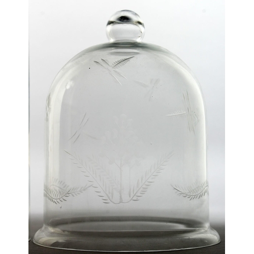 1071 - A BELL SHAPED GLASS DOME/COVER with engraved decoration, together with a plain glass dome. 8.5ins hi... 