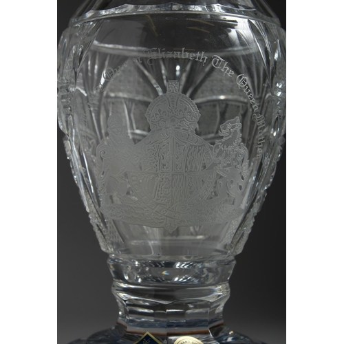 1076 - A SUPERB BOHEMIAN CUT CRYSTAL VASE on a wooden stand, in celebration of Her Majesty Queen Elizabeth,... 