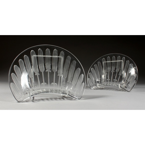 1078 - A PAIR OF LALIQUE HALF MOON SHAPED DISHES 8ins.