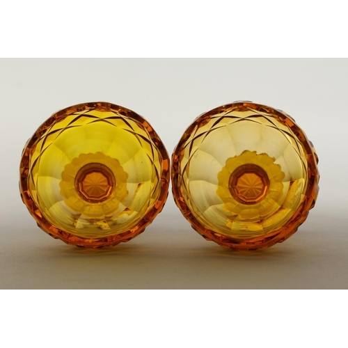 1079 - A PAIR OF BOHEMIAN AMBER GLASS PEDESTAL SALTS.