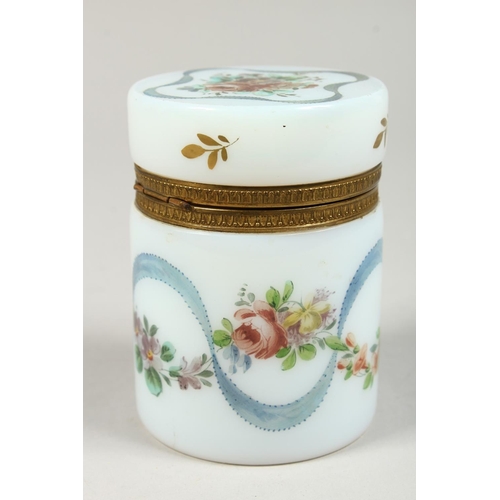 1082 - A VICTORIAN OPALINE PAINTED JAR AND COVER.