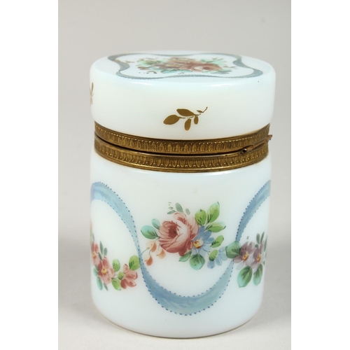 1082 - A VICTORIAN OPALINE PAINTED JAR AND COVER.