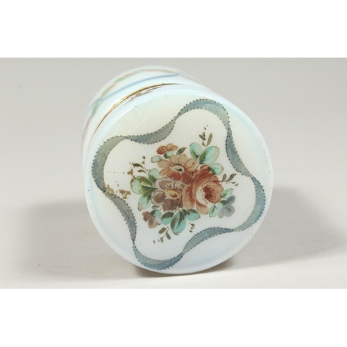 1082 - A VICTORIAN OPALINE PAINTED JAR AND COVER.