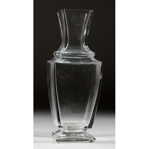 1083 - A BACCARAT SQUARE GLASS VASE. Printed mark, 10ins high.