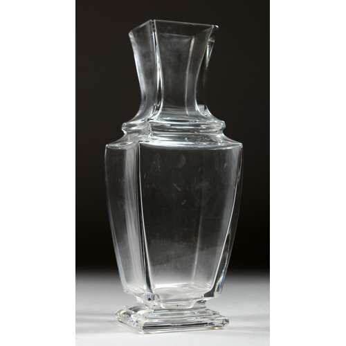 1083 - A BACCARAT SQUARE GLASS VASE. Printed mark, 10ins high.