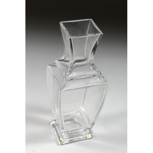 1083 - A BACCARAT SQUARE GLASS VASE. Printed mark, 10ins high.