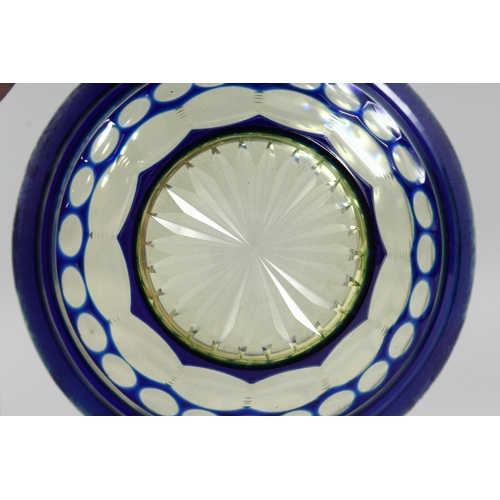 1084 - A BOHEMIAN BLUE TINTED BOWL AND STAND with a landscaped decoration.