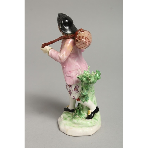 1091 - AN 18TH CENTURY DERBY FIGURE OF A VINTNER carrying a barrel over his shoulder.