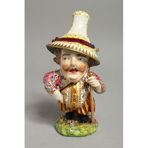 1095 - A 19TH CENTURY DERBY FIGURE OF A MANSION HOUSE DWARF standing holding a cane, his hat being an adver... 