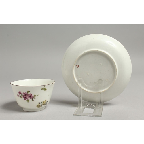 1096 - AN 18TH CENTURY CHELSEA RED ANCHOR MARKED TEA BOWL AND SAUCER painted with Meissen style flowers.