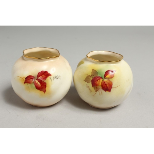 1110 - A PAIR OF ROYAL WORCESTER VASES painted with autumnal leaves and berries by Kitty Blake. Signed K. B... 