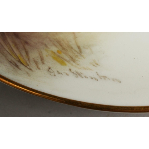 1112 - A ROYAL WORCESTER COFFEE CAN AND SAUCER painted with a wood pigeon or a snipe by Jas Stinton. Signed... 