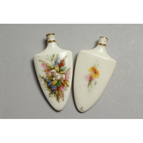 1114 - A 19TH CENTURY ROYAL WORCESTER PAIR OF SCENT BOTTLES painted with flowers, one with gold mark verso.