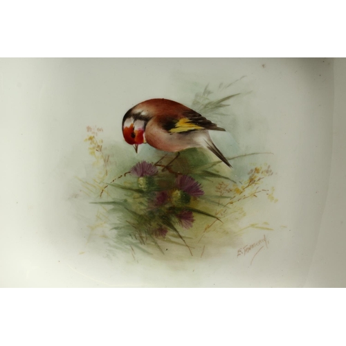 1115 - A ROYAL WORCESTER TWO HANDLED DISH painted with a goldfinch, titled, by E. Townsend, signed with bla... 