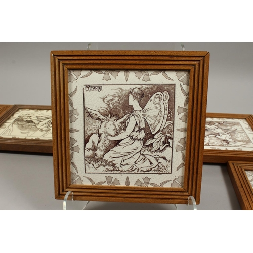 1120 - A COLLECTION OF NINE FRAMED WEDGWOOD POTTERY TILES : LYSANDER, OBERON, PEASBLOSSOM, DEMETRIUS, COBWE... 