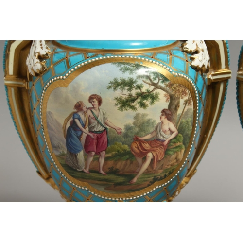 1125 - A VERY GOOD PAIR OF 19TH CENTURY SEVRES PALE BLUE TWO HANDLED URNS AND COVERS painted with reverse p... 