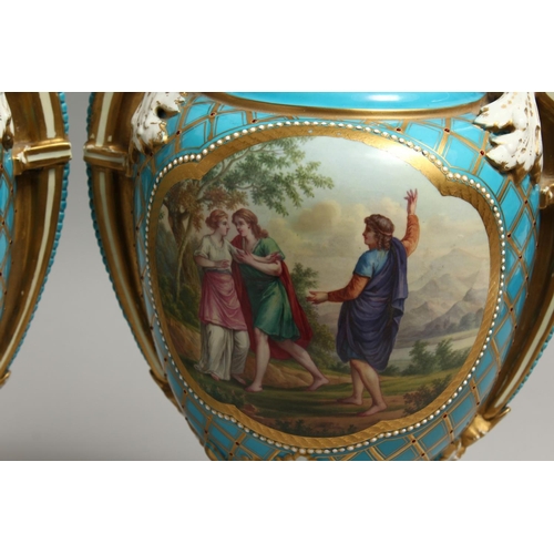 1125 - A VERY GOOD PAIR OF 19TH CENTURY SEVRES PALE BLUE TWO HANDLED URNS AND COVERS painted with reverse p... 