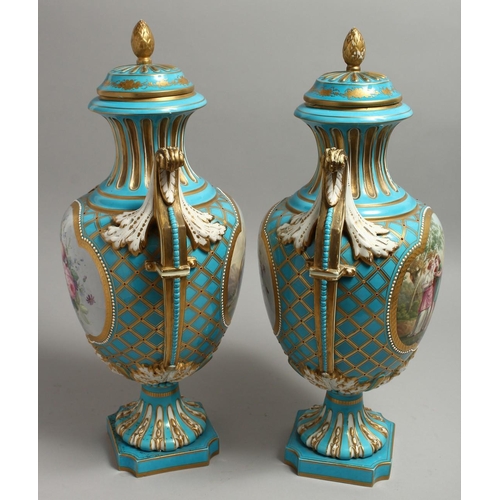 1125 - A VERY GOOD PAIR OF 19TH CENTURY SEVRES PALE BLUE TWO HANDLED URNS AND COVERS painted with reverse p... 