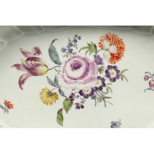 1134 - A VERY GOOD LARGE MEISSEN OVAL DISH painted with flowers. Cross swords mark in blue 18ins long.... 