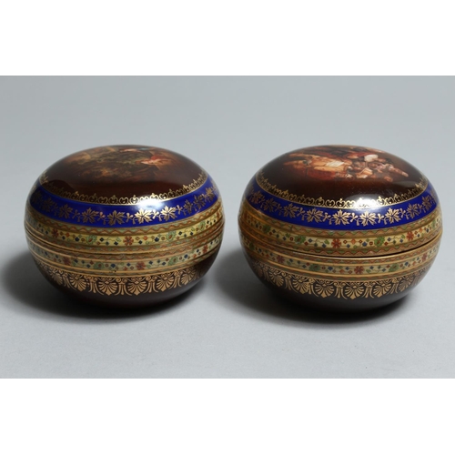 1137 - A PAIR OF VIENNA CIRCULAR PORCELAIN BOXES AND COVERS 3.5ins high.