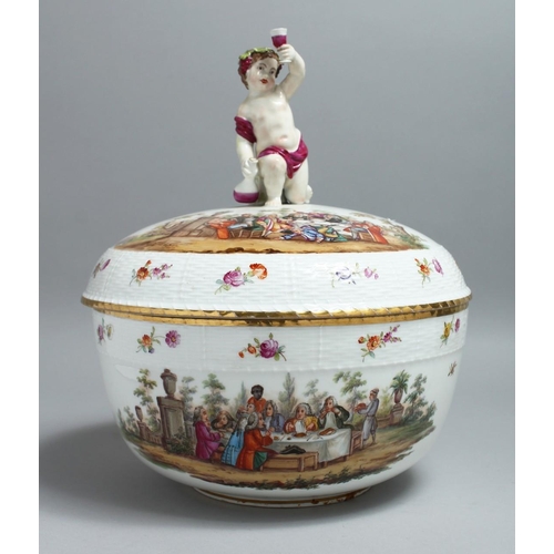 1138 - A GOOD LARGE 19TH CENTURY BERLIN PORCELAIN CIRCULAR BOWL AND COVER, the lid with a cherub, the back ... 