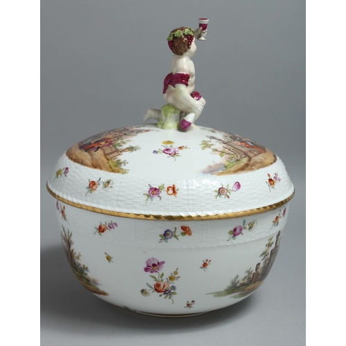 1138 - A GOOD LARGE 19TH CENTURY BERLIN PORCELAIN CIRCULAR BOWL AND COVER, the lid with a cherub, the back ... 