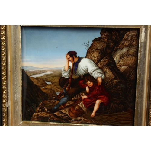 1145 - A GOOD 19TH CENTURY CONTINENTAL PORCELAIN PLAQUE classical scene, huntsman and child. 6.5ins x 7ins.... 