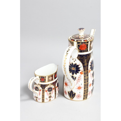 1158 - A ROYAL CROWN DERBY OLD IMARI PATTERN COFFFEE POT AND MILK JUG,  NO. 1128.