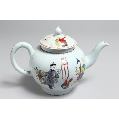 1166 - AN 18TH CENTURY LIVERPOOL CHAFFERS FACTORY TEAPOT AND COVER painted with oriental figures.