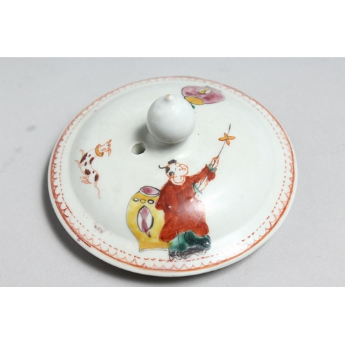 1166 - AN 18TH CENTURY LIVERPOOL CHAFFERS FACTORY TEAPOT AND COVER painted with oriental figures.