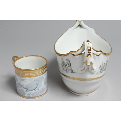 1168 - AN EARLY 19TH CENTURY FLIGHT BARR AND BARR COFFEE CAN painted with a marbled ground under a gilt bor... 