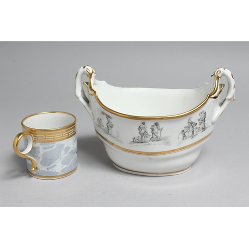 1168 - AN EARLY 19TH CENTURY FLIGHT BARR AND BARR COFFEE CAN painted with a marbled ground under a gilt bor... 