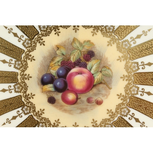 1196 - A GOOD PAIR OF AYNSLEY FRUIT PLATES with gold borders. 10ins diameter.