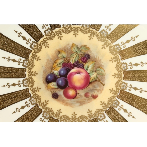 1196 - A GOOD PAIR OF AYNSLEY FRUIT PLATES with gold borders. 10ins diameter.