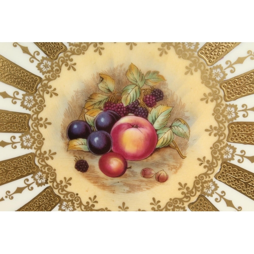 1197 - A GOOD PAIR OF AYNSLEY FRUIT PLATES with gold borders. 10ins diameter.