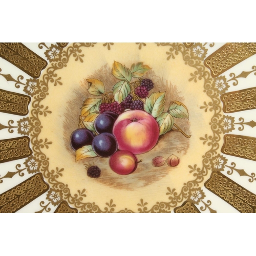 1197 - A GOOD PAIR OF AYNSLEY FRUIT PLATES with gold borders. 10ins diameter.