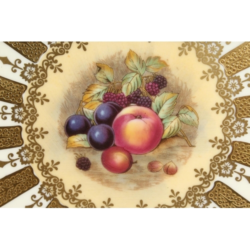 1200 - A GOOD PAIR OF AYNSLEY FRUIT PLATES with gold borders. 10ins diameter