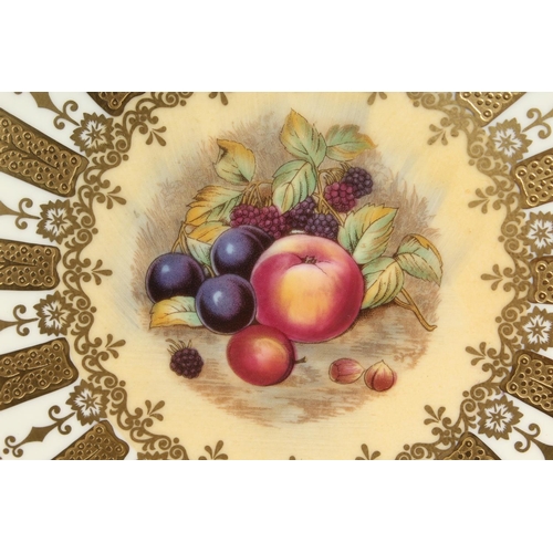 1201 - A GOOD PAIR OF AYNSLEY FRUIT PLATES with gold borders. 10ins diameter.