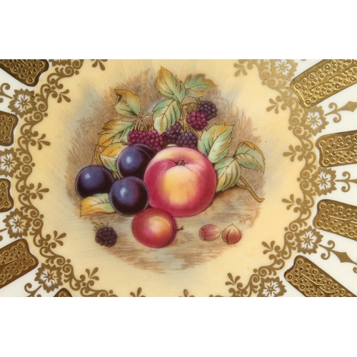 1201 - A GOOD PAIR OF AYNSLEY FRUIT PLATES with gold borders. 10ins diameter.