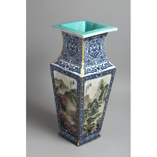 1239 - A GOOD LARGE CHINESE TAPERING SQUARE VASE each side painted with a landscape. 17.5ins high.